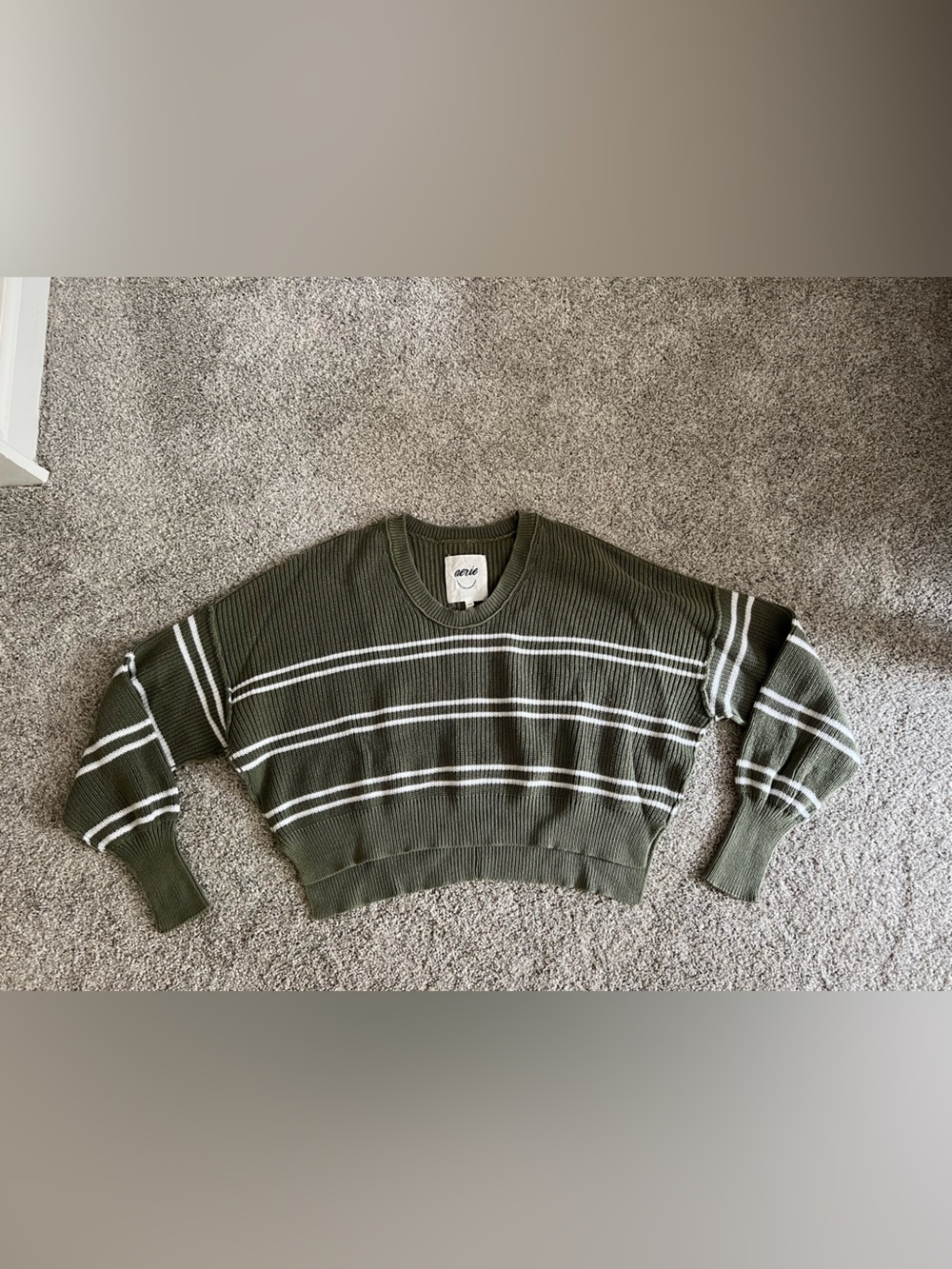 aerie Olive Green and White Striped cropped sweater